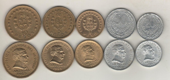 Uruguay Lote De 5 Monedas Diferentes - Serie Pesos Año 1965 0