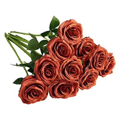 Rosas Artificiales De Seda 10u. Naranja Tostado 0