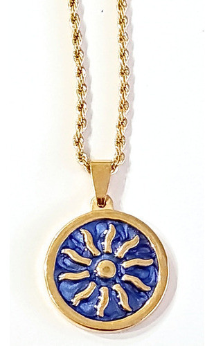 Collar Sol Azul Esmaltado En Acero Quirúrgico Dorado 0
