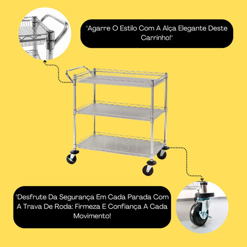 Carrinho Chá Café Aço Multiuso C/3 Prateleiras Rodas 1