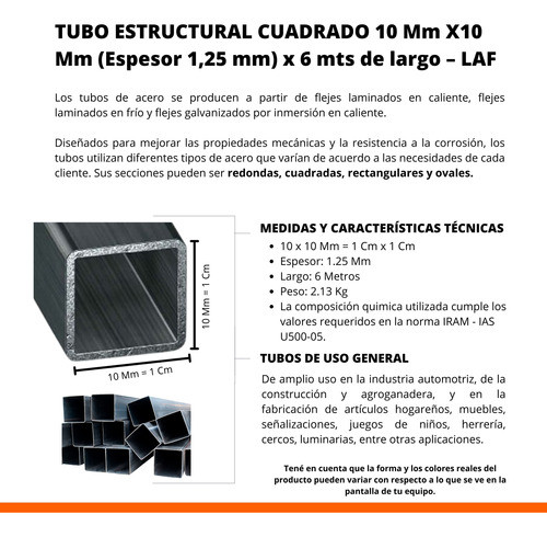 Caño Tubo Estructural Cuadrado 10x10 Esp 1,25 Mm  6 Mts 1
