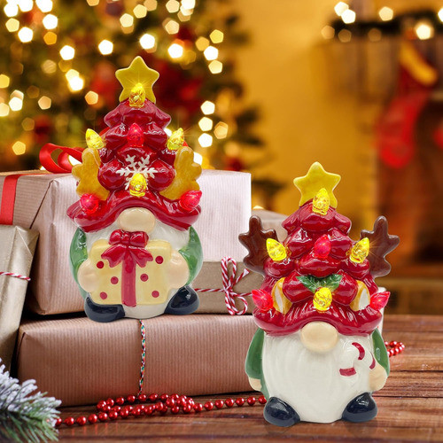 Gnomo Decoración Navideño Cerámico Luces Led Pack X 2 Piezas 1