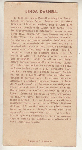 Cine Linda Darnell Antigua Tarjeta Jabon Lever Brasil Raro 1