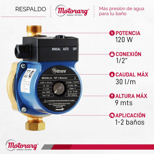 Bomba Presurizadora Agua Motorarg Tip1 Bronce 1-2 Baños 220v 1