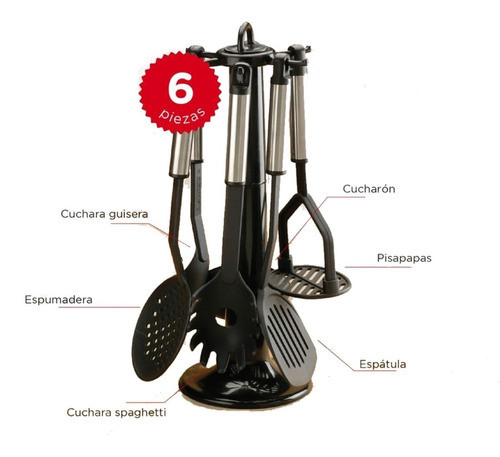 Set 6 Utensilios De Nylon Con Detalles En Acero-para Teflon 1