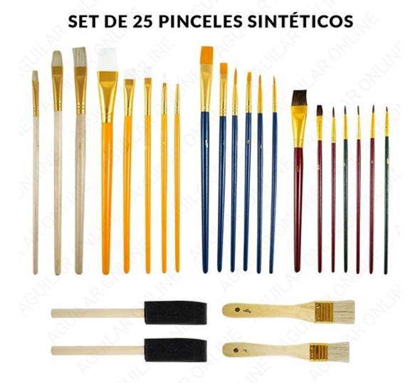 Set De 25 Pinceles Acrílico Oleo Tempera Acuarela Chato Fino 1