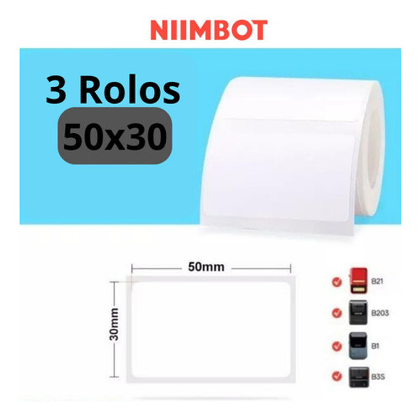 3 Rolos Etiqueta Adesiva 50x30mm Niimbot B21 B203 B1 B35 1