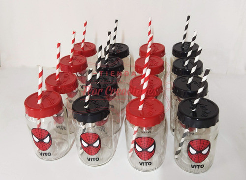 10 Frascos Vasos Souvenirs Hombre Araña Con Tapa Y Sorbetes 0