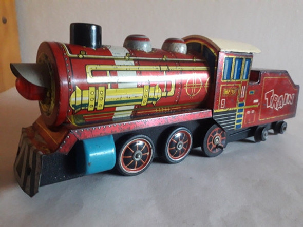 Antigua Locomotora Tren De Chapa Litografiada A Pila 28 Cent 0