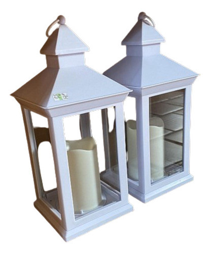 Farol Decorativo Blanco Con Vela Y Luz Calida 0