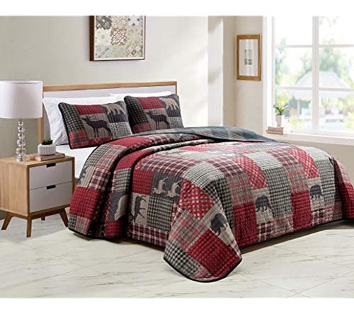 Cabaña De Madera Rústica Lodge Acolchado Gris Carbón Rojo Pr 0