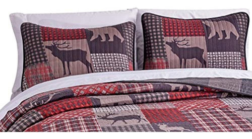 Cabaña De Madera Rústica Lodge Acolchado Gris Carbón Rojo Pr 1