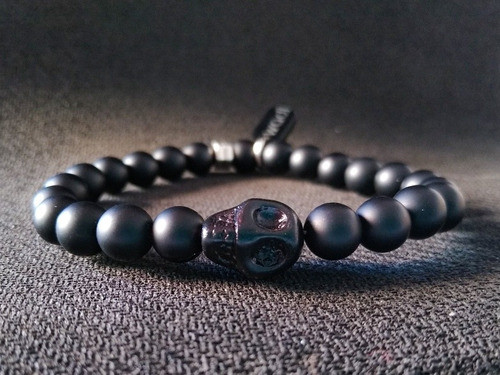 Pulsera Hombre Piedras Onix Naturales Calavera Negra Wadi 0