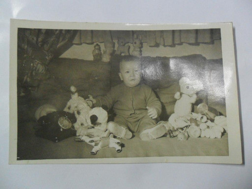 Antigua Fotografia Niño Bebe Juguete Muñeco Peluche Telefono 0