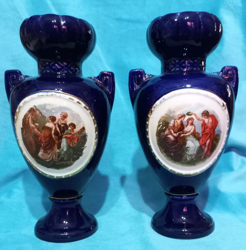 Jarrones Porcelana Antiguos Azul Zafiro Escena Galante 0