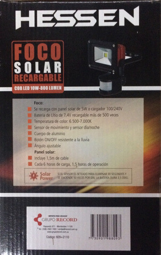 Foco Solar Recargable Con Panel Solar 10w Hessen 1