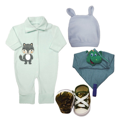 Kit Bebê 4pçs Macacão Touca Tênis E Naninha Maternidade 0