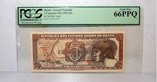 Brasil Cédula 5 Cruzeiros 1961-62 Indio Certificada Pcgs 66 0