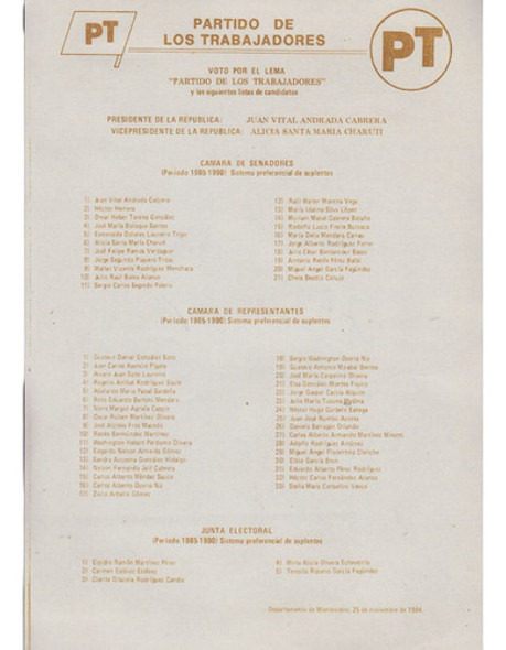 Uruguay Partido De Los Trabajadores Elecciones 1984 Lista 0 Uruguay Partido De Los Trabajadores Elecciones 1984 Lista 0