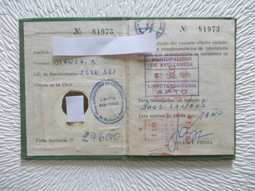 2931- Libreta Sanitaria Usada. Avellaneda 1969 1