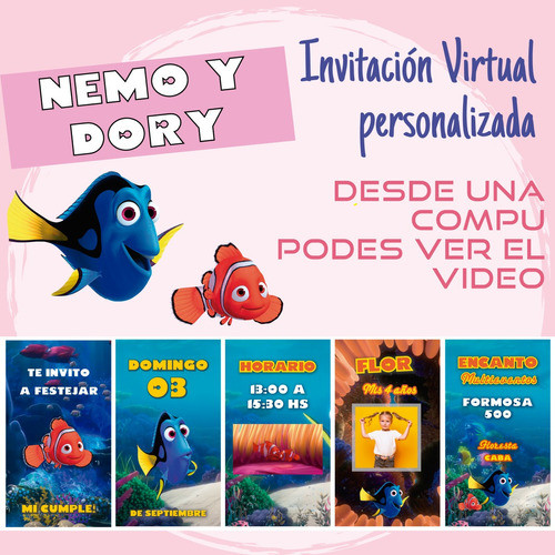 Tarjeta Invitación Virtual Animada Nemo Y Dory 1