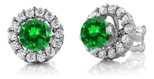 Pendientes De Plata De Ley 925 Con Esmeralda Verde Redonda 0
