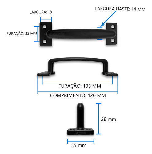 4 Puxador Alça Metal 120mm Preto Com Parafusos Para Madeira 1