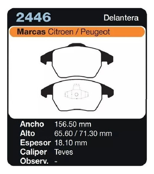 Pastilla Freno Peugeot 308 408 / Citroen C4 Lounge 1.6 Thp 1