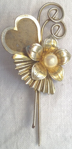 Prendedor Retro Dorado Flor Corazon Metalico 1