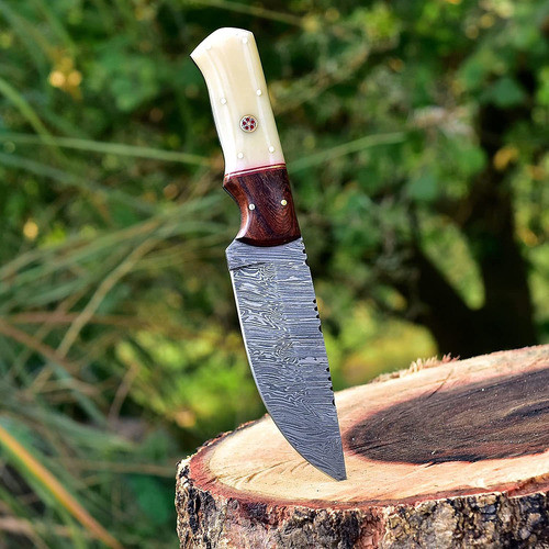 Cuchillo De Caza De Acero De Damasco Cuerno De Bufalo Funda 1