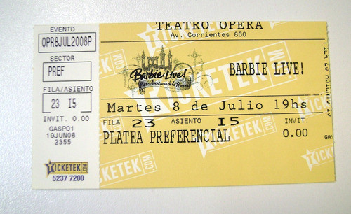 Entrada Barbie Live Teatro Opera 2008 Coleccion Boedo 0