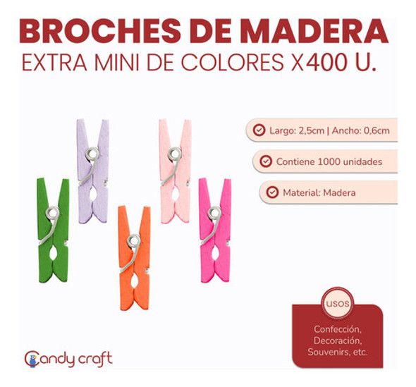 Broches De Madera De Colores Extra Mini! X 400 Unidades 1 Broches De Madera De Colores Extra Mini! X 400 Unidades 1
