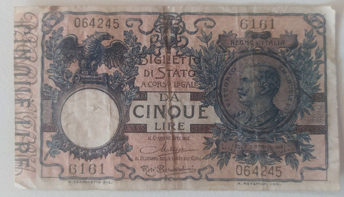 Antiguo Billete 5 Liras Italia 1924 Pick 23 G 0