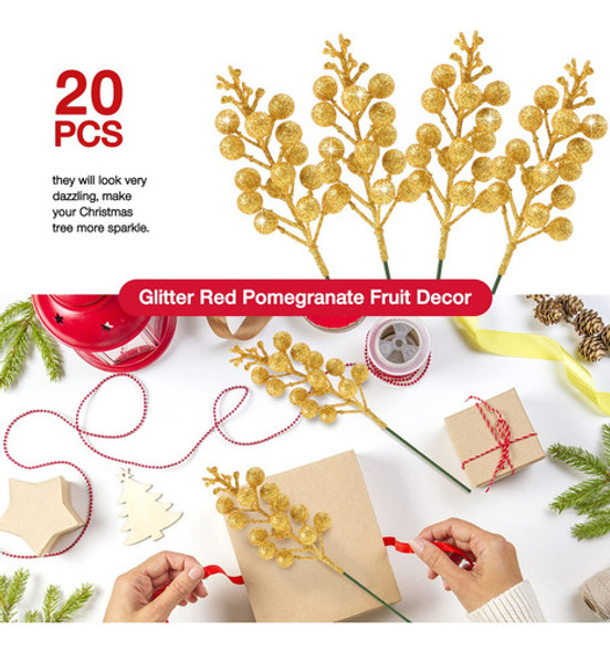 20 Tallos De Bayas Artificiales Con Purpurina De Navidad, Pa 1
