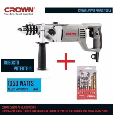 Taladro Percutor Crown Japan 1050w Muy Potente 16mm + Mechas 1
