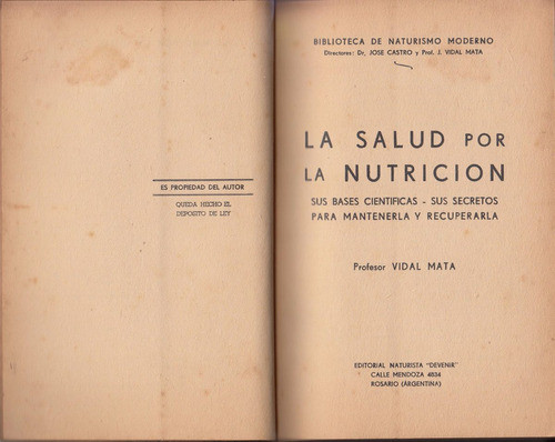 1950 Naturismo Vidal Mata La Salud Por La Nutricion Vegetal 1