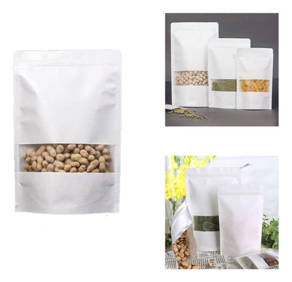 50 Sacos Stand Up Pouch - Brancos C/ Janela Visor 9x14x3cm 0