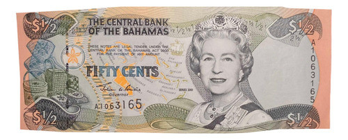 Billete 1/2 Dólar Bahamas 2001 Pick 68 A Elizabeth 2 Unc 0