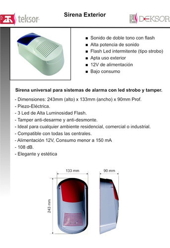 Sirena Exterior Con Flash Para Alarma 12vcc Teksor Eco108 1