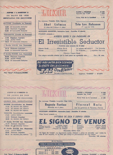 Lote 2 Antiguos Programa Cine - Luxor - Año 1956 1