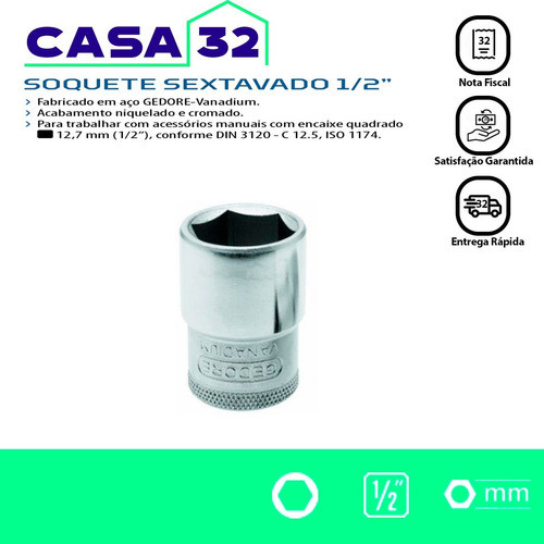 Soquete Sextavado Encaixe 1/2 12 Mm 19-12 Gedore 015007 1
