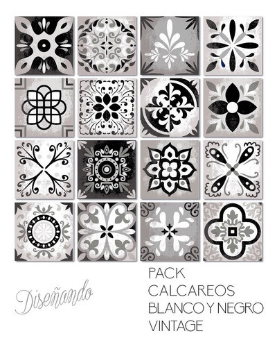 Azulejos Autoad. En Vinilo Calcáreos Blanco Y Negro Vintage 1