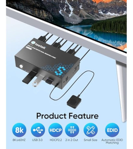 Conmutador Kvm Hdmi De 8k A 60hz, 2 Monitores, 2 1