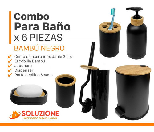 Kit Baño Unico Bambu X 6 Piezas Completo  Premium Negro 1