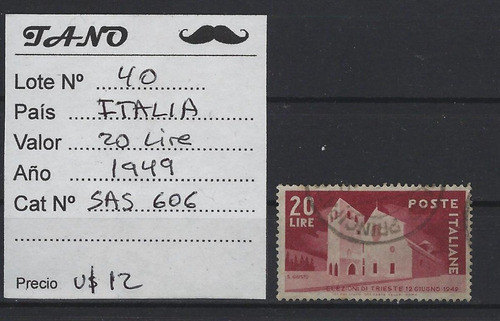 Lote40 Italia 20 Liras Año 1949 Sassone#606 Usada 0