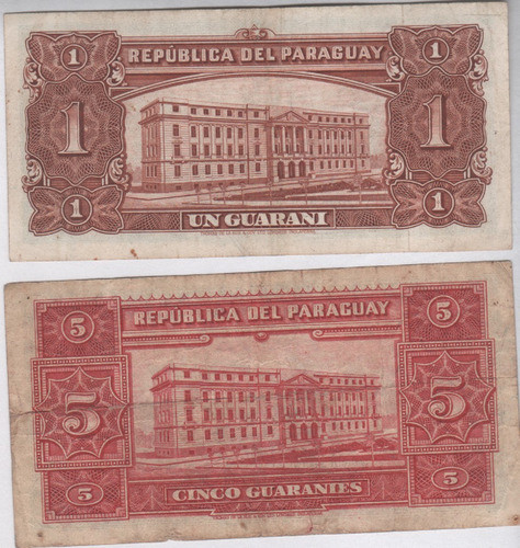 2 Antiguos Billete Paraguay  De  1 Y 5  Guaranies Años 40/50 1
