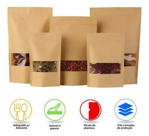 Saco Stand Up Pouch 17x23+4 Papel Kraft Czip 100unid 1