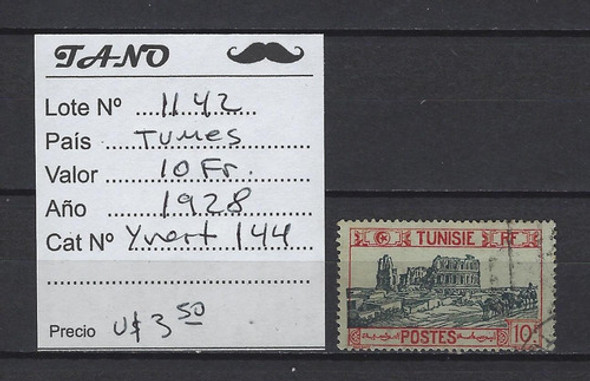Lote1142 Tunez 10 Fr. Año 1928 Yvert# 144 1