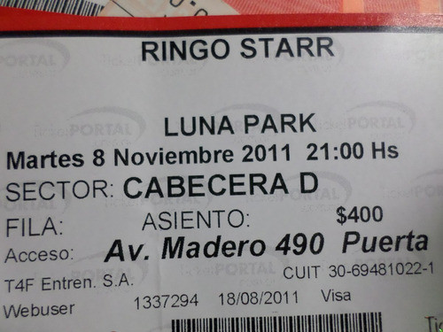 Entrada Ringo Star  Primera Visita, Para  Coleccionistas 0