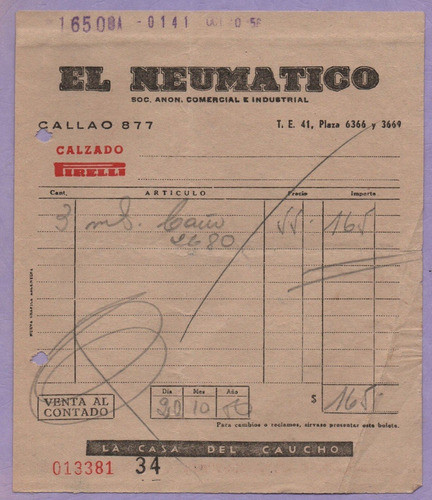 Antigua Factura  De El Neumático S. A. 0